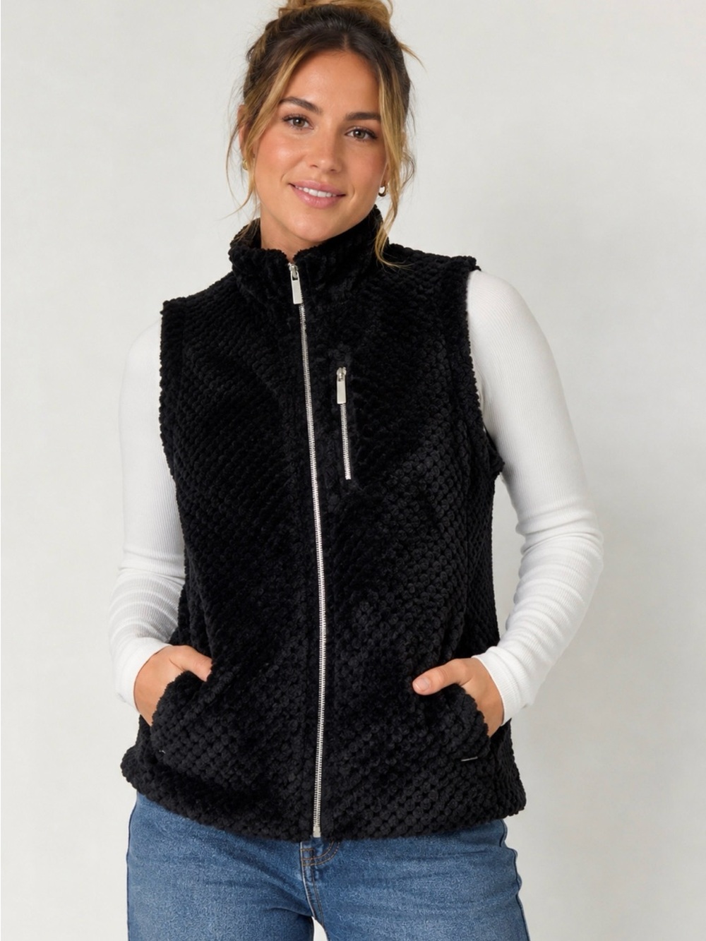 Calvin Klein Black Plush Zip-Up Vest